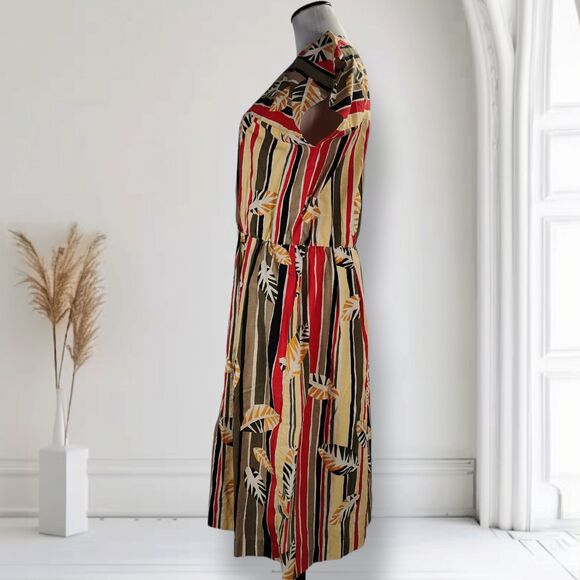 Vintage 80s Dolman Sleeve Midi Dress Size L Striped Leaf Safari Print - Picture 5 of 11